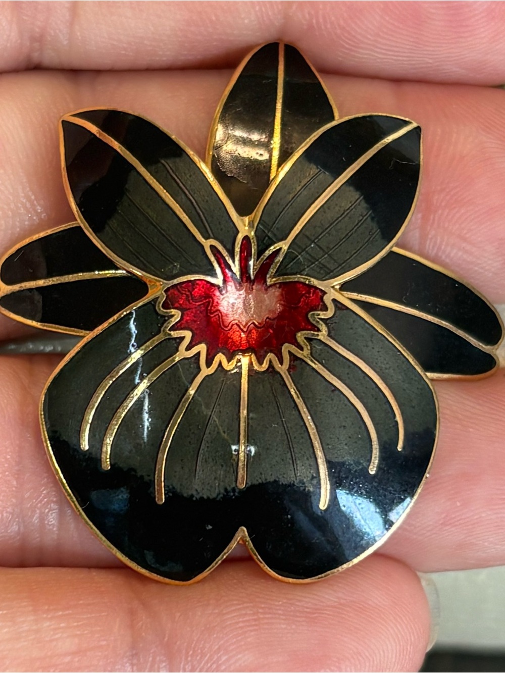 Black and Red Enamel Orchid Flower Brooch